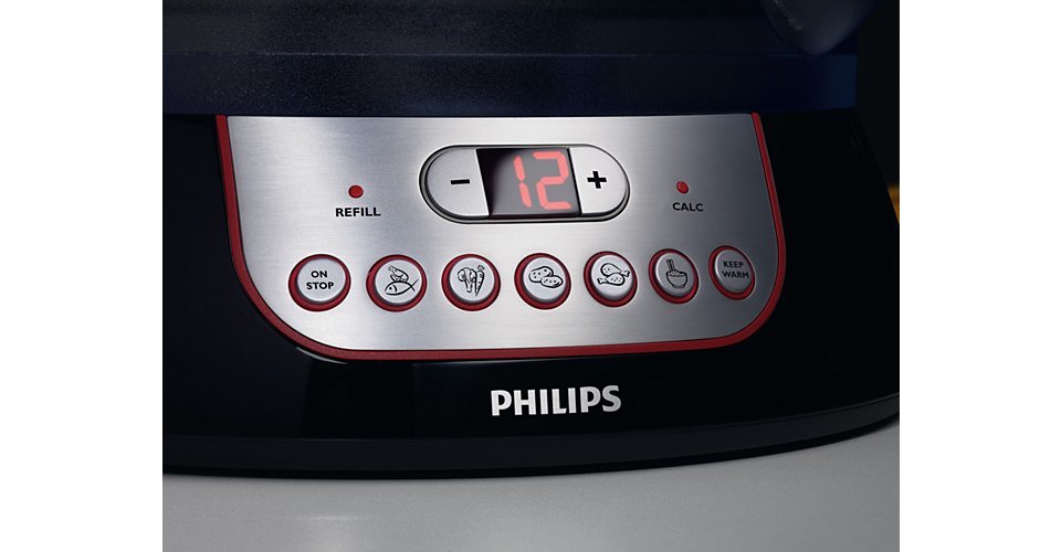 Nồi hấp Philips HD9140 có nhiều mức hẹn giờ cài đặt sẵn, tự động ngắt hơi hấp sau khi đạt đến thời gian hấp lý tưởng