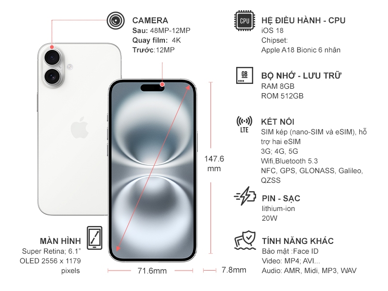 Điện thoại iPhone 16 512GB Trắng