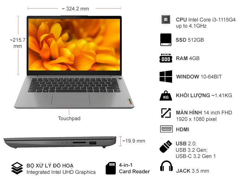 Laptop Lenovo IdeaPad 3 14ITL6 i3-1115G4 14 inch 82H700DNVN