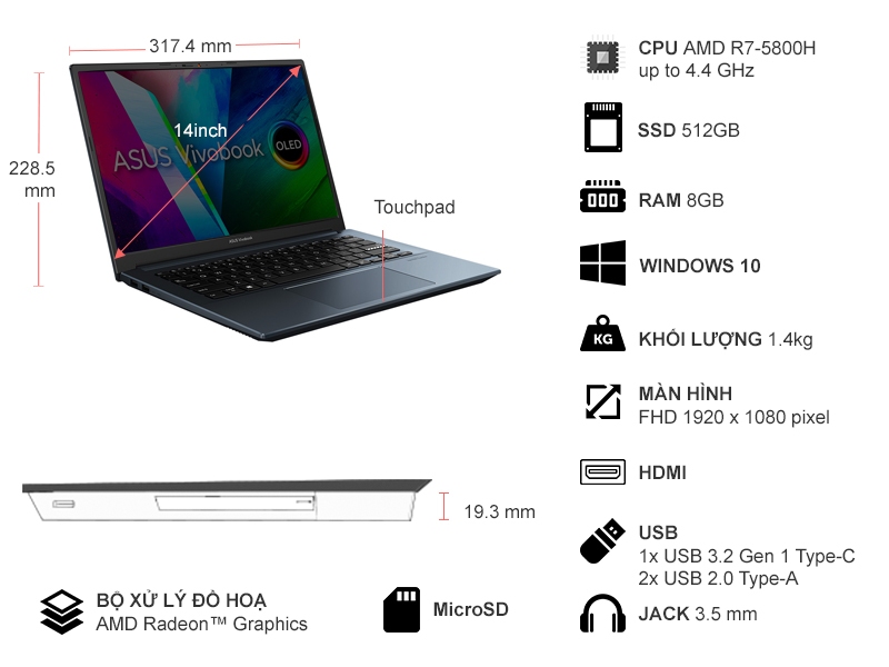 Laptop Asus Vivobook 14 M3401QA-KM040T R7-5800H/8GB/512GB SSD/Win10