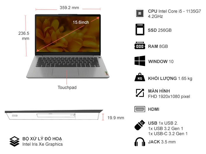 Laptop Lenovo IdeaPad 3 15ITL6 i5-1135G7/8GB/256GB/Win10 82H800M3VN