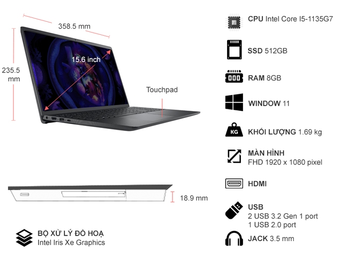 Laptop Dell Vostro 3510 i5-1135G7/8GB/512GB/Win11 (7T2YC2)