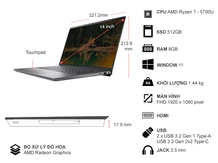 Laptop Dell Inspiron 14 5415 R7-5700U/8GB/512GB/Win11 (TX4H61)