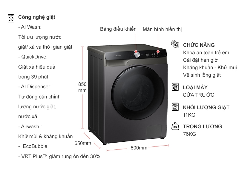 Máy giặt sấy Samsung Inverter 11 kg WD11T734DBX/SV