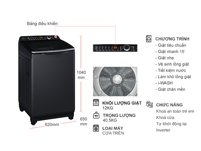 Máy giặt Aqua Inverter 12 kg AQW-DR120HT.BK