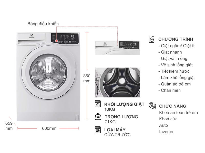 Máy giặt Electrolux Inverter 10 kg EWF1025DQWB