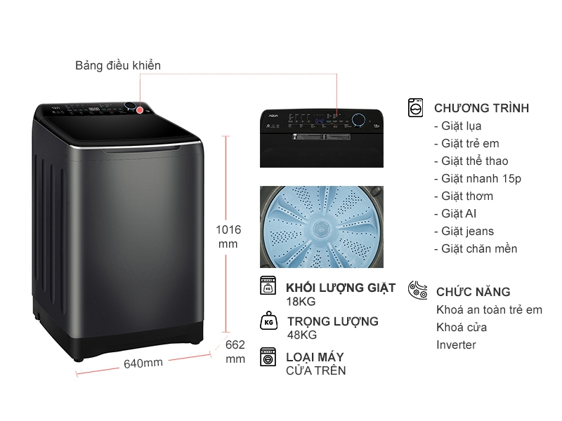 Máy giặt Aqua Inverter 18 kg AQW-DR180UHT.PS