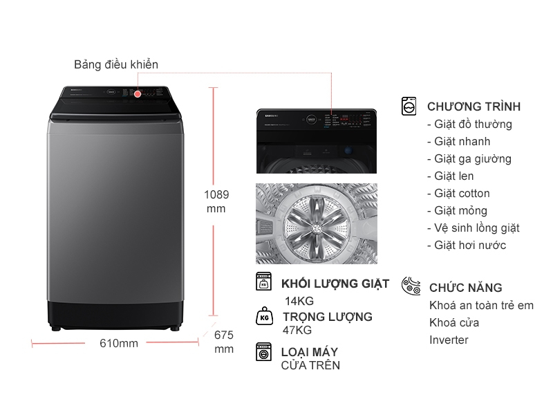 Máy giặt Samsung Inverter 14 kg WA14CG5886BDSV