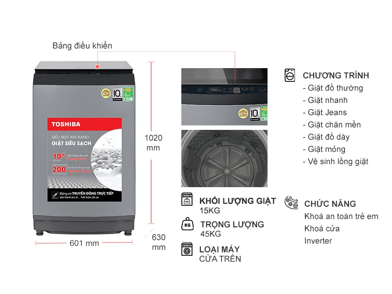 Máy giặt Toshiba Inverter 15 kg AW-DUM1600LV(SG)