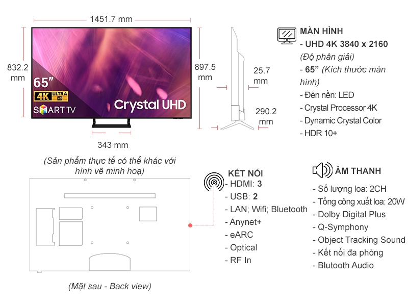 Smart Tivi Samsung Crystal UHD 4K 65 inch UA65AU9000KXXV