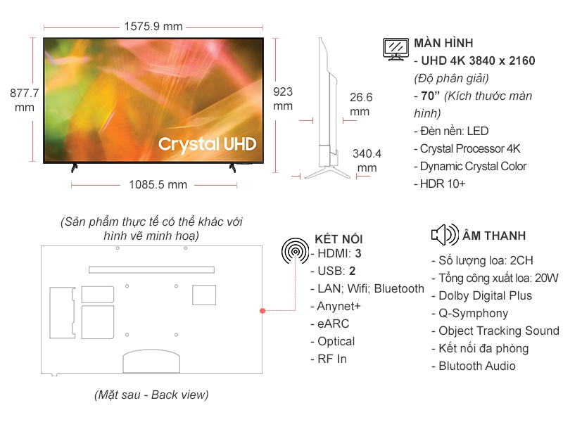 Smart Tivi Samsung Crystal UHD 4K 70 inch UA70AU8000KXXV