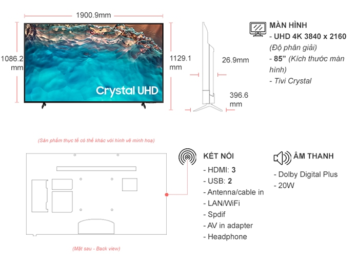 Smart Tivi Crystal Samsung UHD 4K 85 inch UA85BU8000KXXV