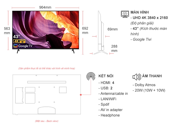 Google Tivi Sony 4K 43 inch KD-43X80K VN3