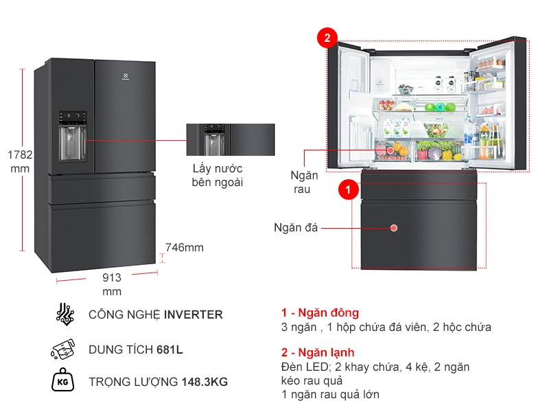 Tủ lạnh Electrolux inverter 617 lít EHE6879A-B