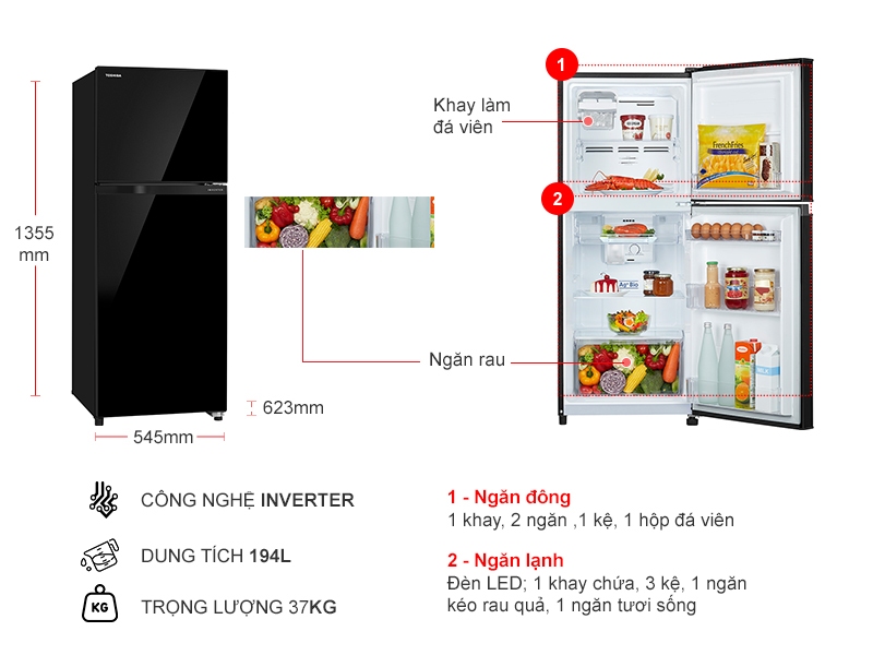 Tủ Lạnh Toshiba Inverter 194 lít GR-A25VM(UKG1)