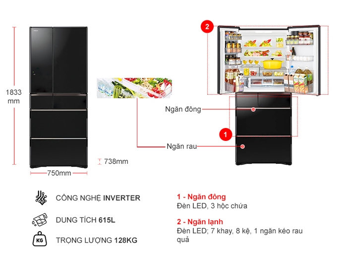 Tủ lạnh Hitachi Inverter 615 lít R-WX620KV (XK)
