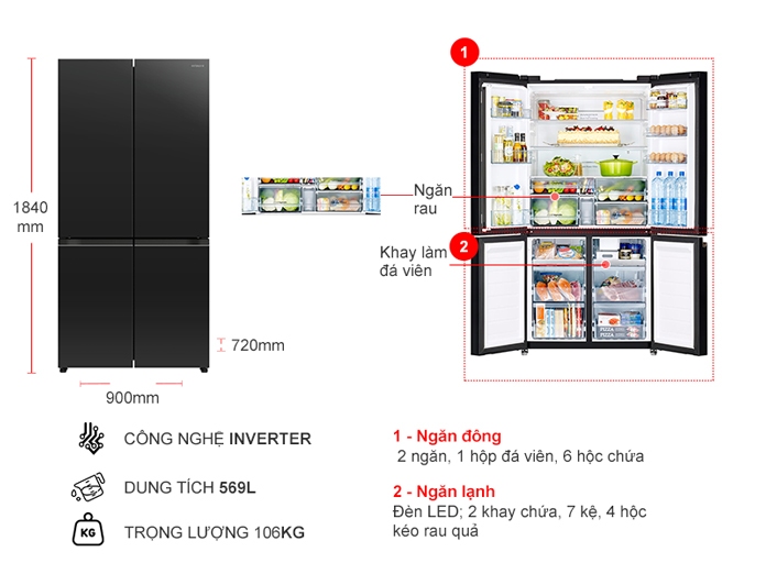 Tủ lạnh Hitachi Inverter 569 lít R-WB640PGV1 (GCK)