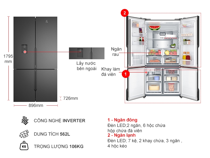 Tủ lạnh Electrolux Inverter 562 lít EQE5660A-B