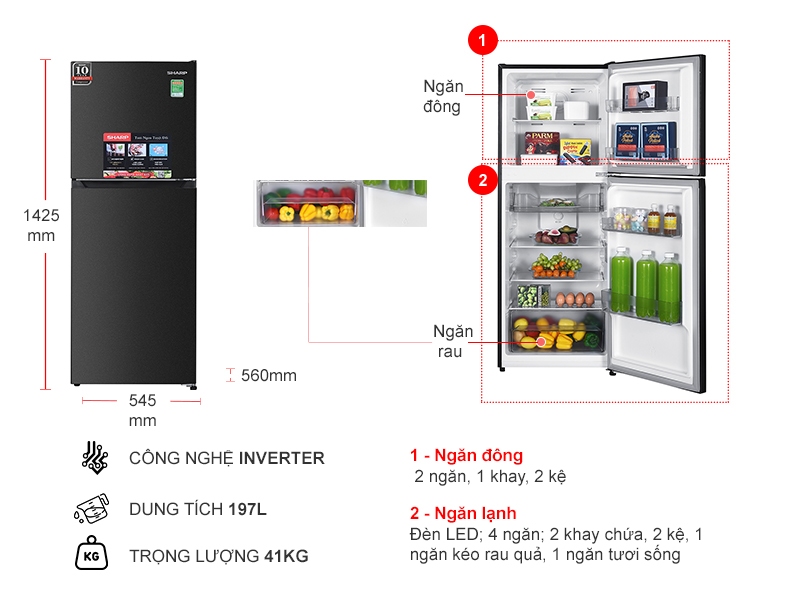 Tủ lạnh Sharp Inverter 197 lít SJ-X215V-DG