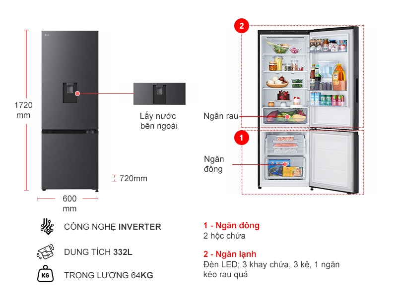 Tủ lạnh LG Inverter 332 lít LBD33BLM