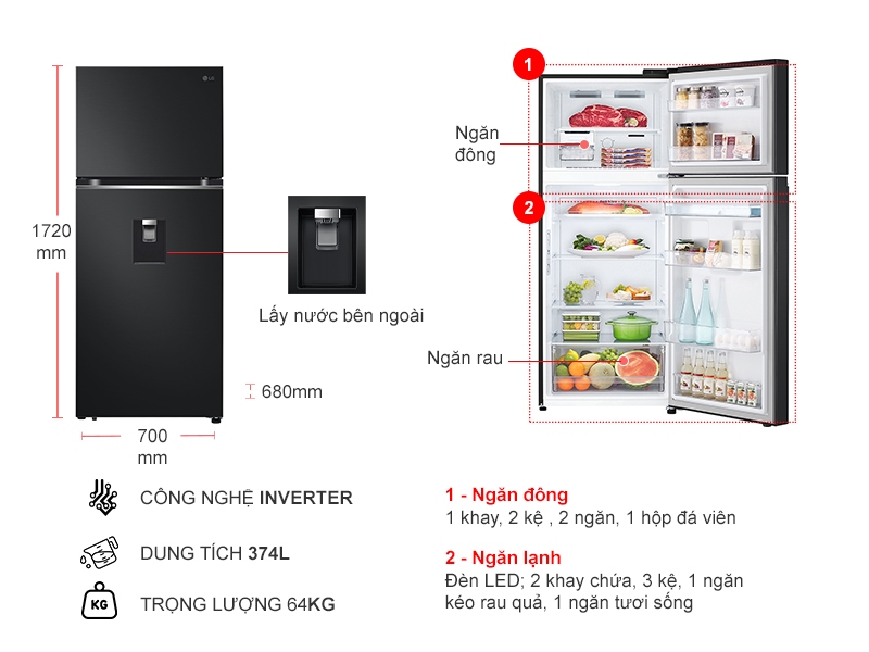 Tủ lạnh LG Inverter 374 lít LTD37BLM