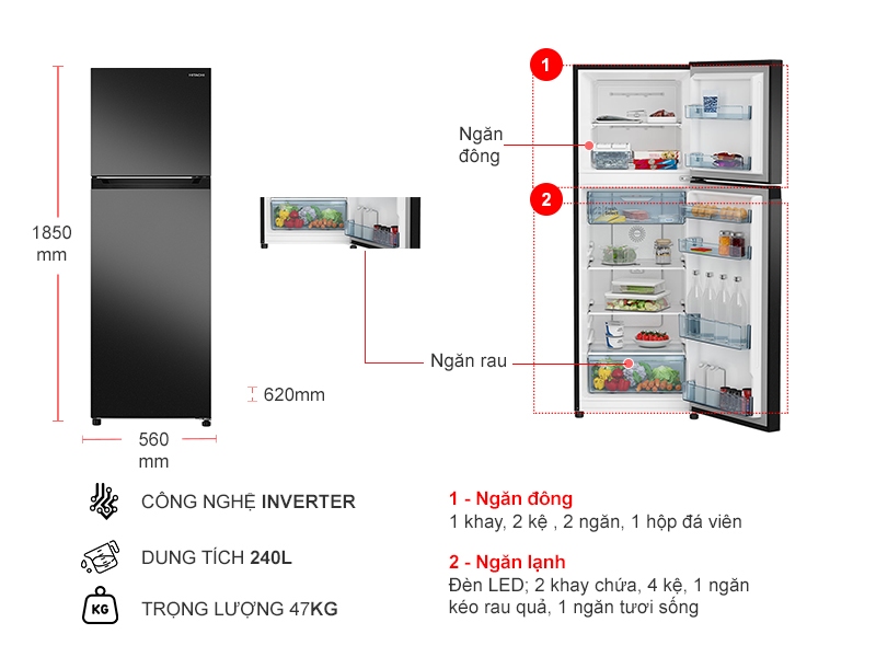 Tủ lạnh Hitachi Inverter 240 lít HRTN5255MFUVN