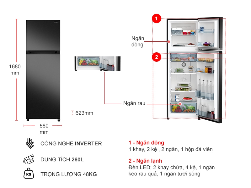 Tủ lạnh Hitachi Inverter 260 lít HRTN5275MFUVN