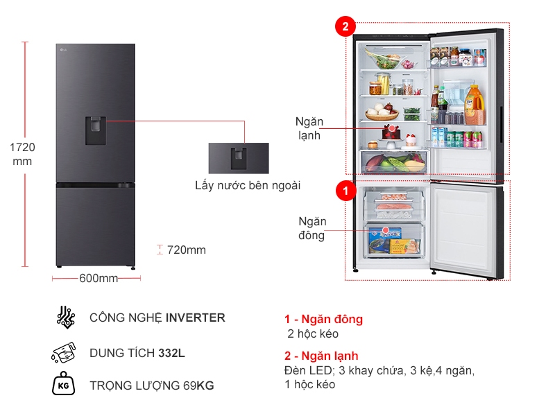 Tủ lạnh LG Inverter 332 lít LBD33BLMA