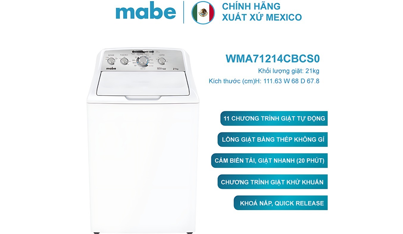 Máy giặt công nghiệp Mabe 21 kg WMA71214CBCS0 xuất xứ tại Mexico