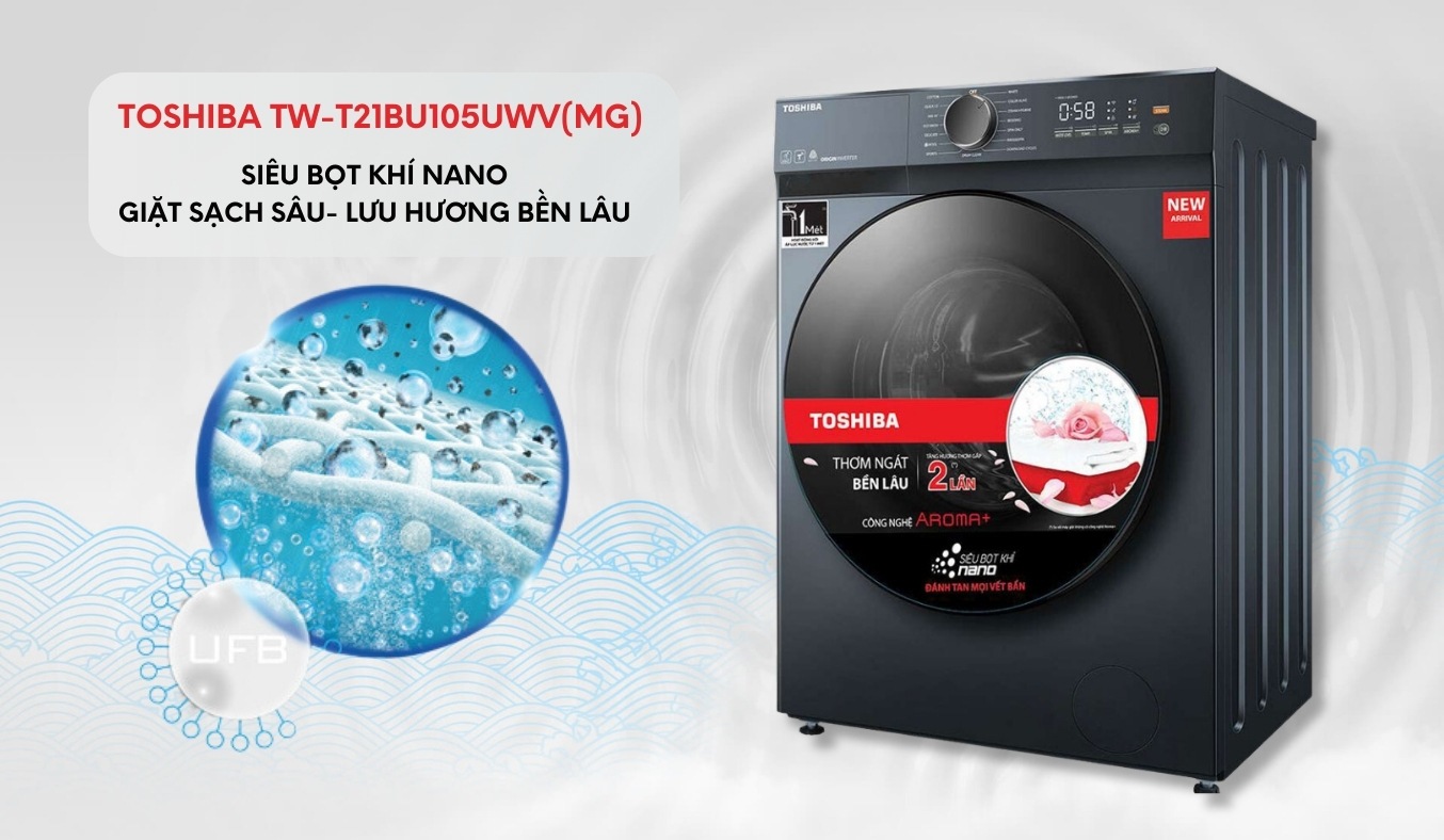 Máy giặt Toshiba Inverter 9.5 kg TW-T21BU105UWV(MG) - Siêu bọt khí nano Ultra Fine Bubble