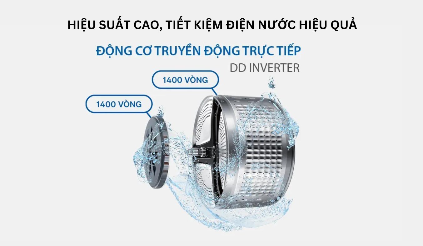 Máy giặt Aqua Inverter 9 kg AQD-D903G.BK DD Inverter hiệu suất cao, tiết kiệm điện nước hiệu quả