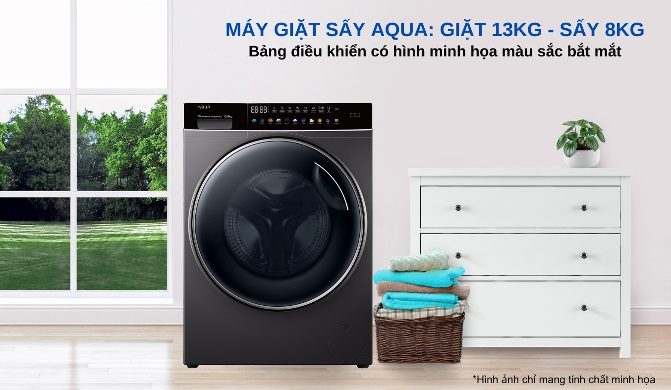 Máy giặt sấy Aqua Inverter AQD-DH1300H.PS 13/8kg - Bảng điều khiển với hình minh họa màu bắt mắt