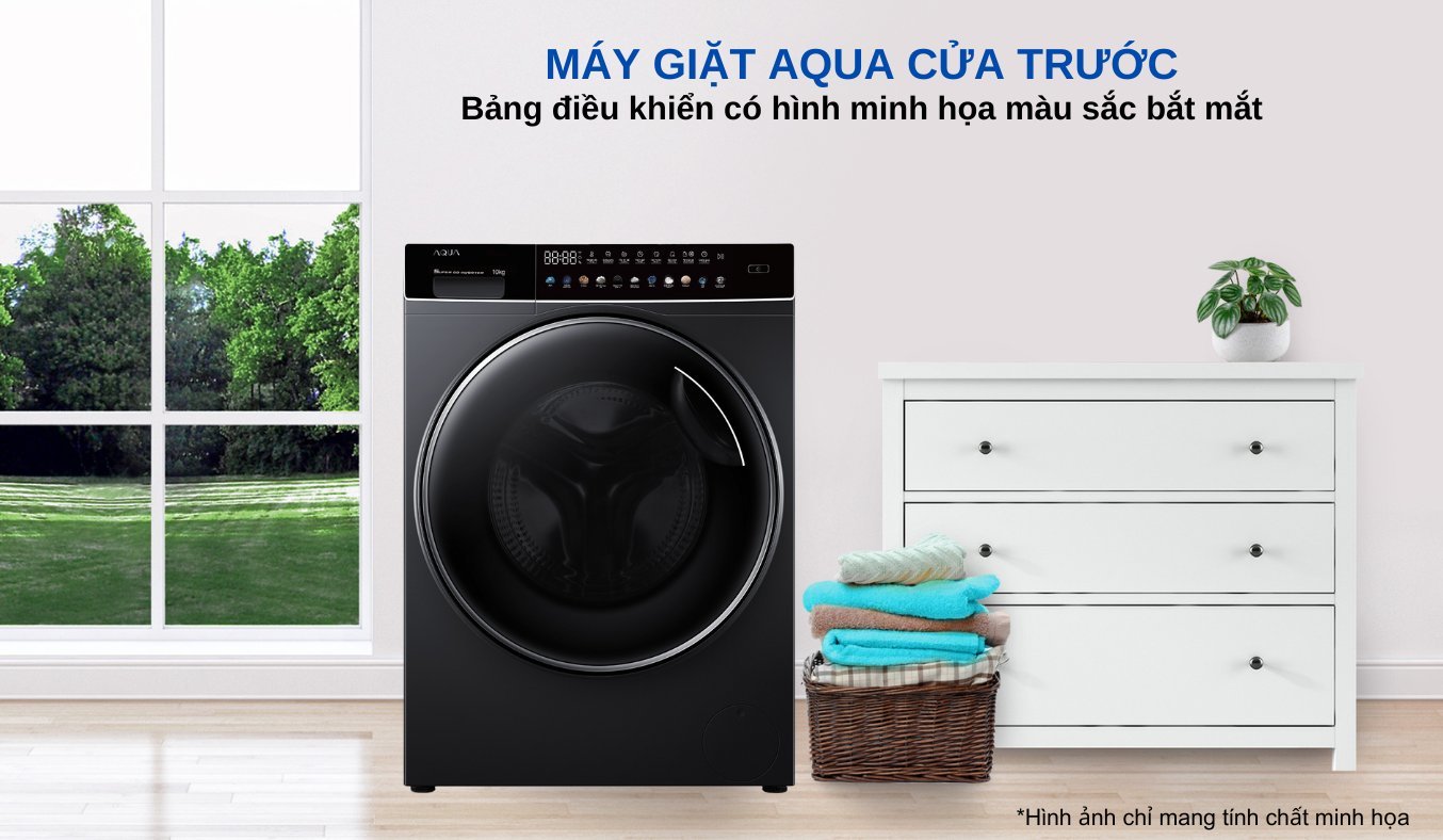 Máy giặt Aqua Inverter 10 kg AQD-DW1000J.BK - Bảng điều khiển với hình minh họa màu bắt mắt