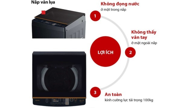 Máy giặt Toshiba 9 kg AW-M1000FV(MK) Nắp kính cường lực hỗ trợ đóng chậm, đảm bảo an toàn