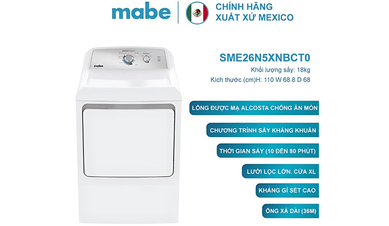 Máy sấy quần áo công nghiệp Mabe 18 kg SME26N5XNBCT0