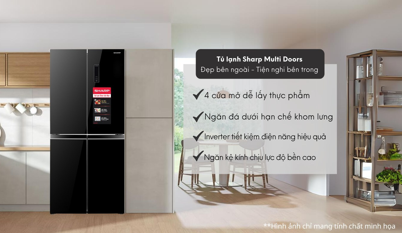 Tủ lạnh Sharp Inverter 362 lít SJ-FX420VG-BK 4 cửa, ngăn đá dưới thông minh