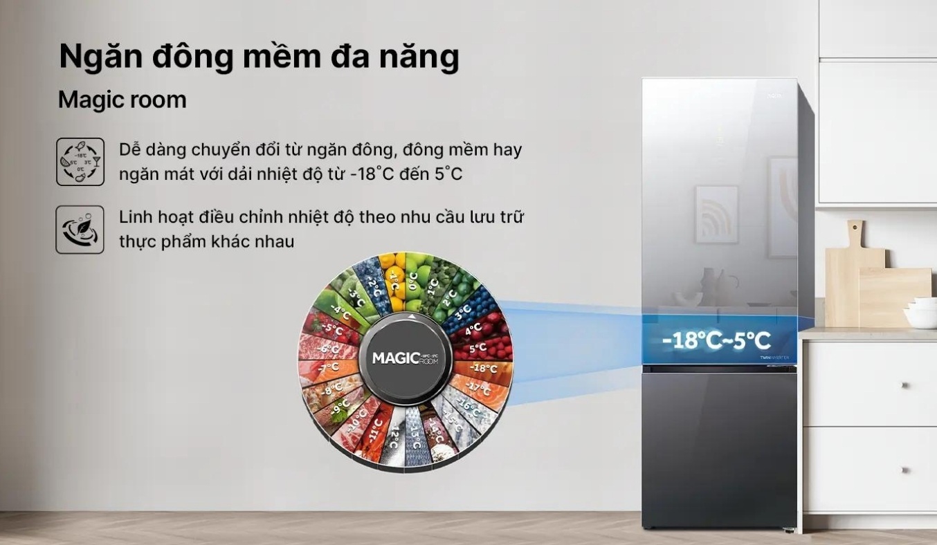 Tủ lạnh Aqua Inverter 292 lít AQR-B350MA(GM) Ngăn đông mềm đa năng Magic Room