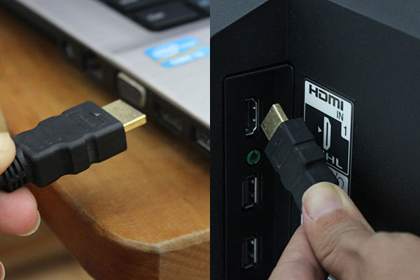 Gắn cáp vào cổng HDMI trên cả tivi và laptop