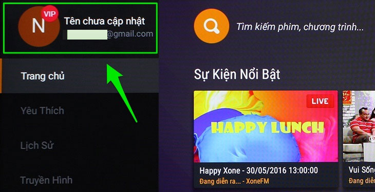 Vào giao diện FPT Play trên tivi, nhấn chọn tài khoản.