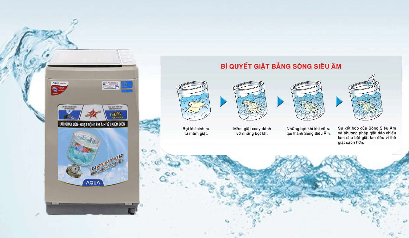 Máy giặt Aqua Inverter 9 kg AQW-D901BT (N) sóng siêu âm tiết kiệm bột giặt