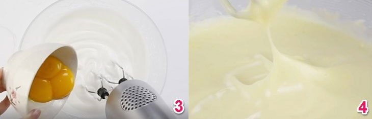 Cho lòng đỏ trứng vào tô và tiếp tục dùng máy đánh trứng đánh ở mức thấp nhất