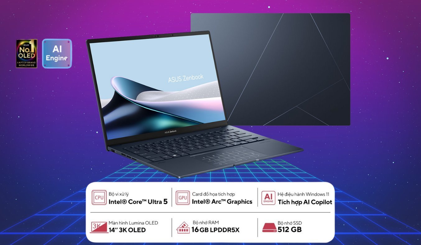 Laptop Asus Zenbook 14 OLED U5-125H (UX3405MA-PP151W) thế hệ CPU Intel mới nhất có tính năng AI thông minh