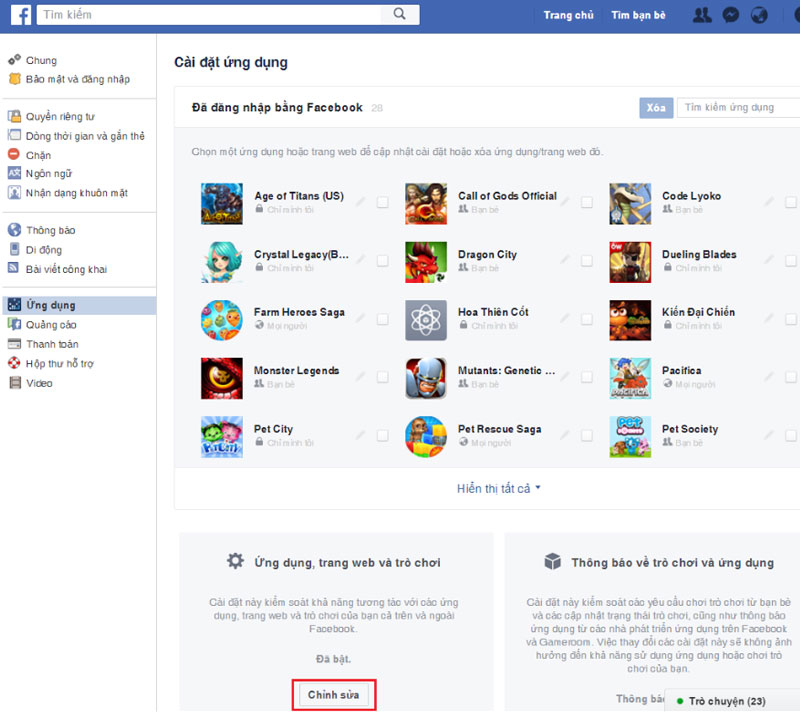 Bước 3: Chọn Chỉnh sửa (Edit) ngay mục Ứng dụng, trang web và trò chơi (Apps, Website and Games).