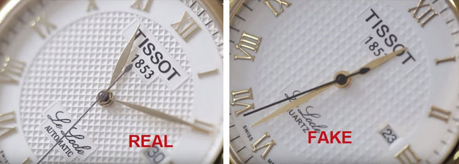 Mặt số đồng hồ giả (phải) bị mờ và nhìn dại hơn ở đồng hồ chính hãng (trái)