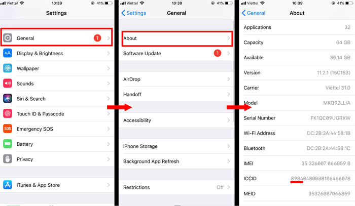 iPhone quốc tế chuẩn sẽ có ICCID 4 chữ số đầu là