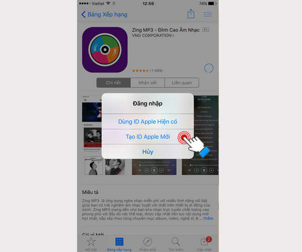 Sau khi chọn Nhận để tài về ứng dụng thì iPhone sẽ hiện ra bảng thông báo, bạn chọn Tạo ID Apple Mới 