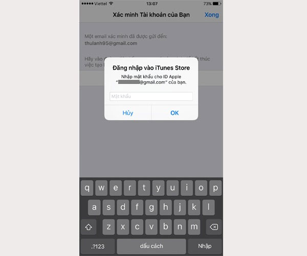 Sau khi điền đúng, bạn sẽ được quay lại Appstore, iPhone sẽ yêu cầu bạn đăng nhập vào Apple ID bạn vừa đăng kí. Bạn nhập mật khẩu vào để sử dụng Apple ID