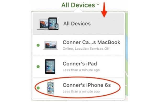 Chọn All Devices ở phía trên và nhấn vào chiếc iPhone đang bị mất của bạn.