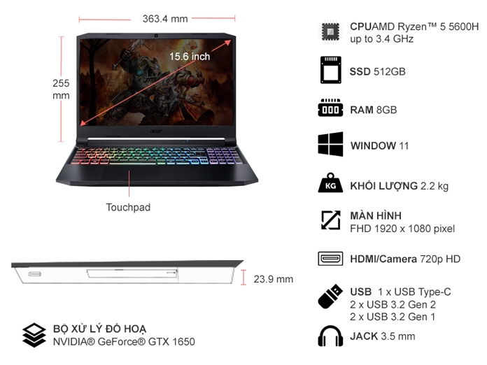 Laptop Acer Nitro 5 Gaming AN515-45-R6EV R5 5600H/8GB/512GB/Win11 (NH.QBMSV.006)