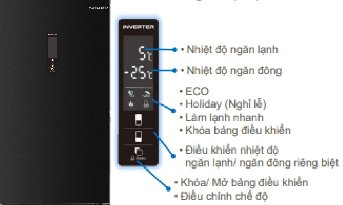 Màn hình LED điều khiển hiện đại, dễ thao tác Tủ lạnh Sharp Inverter 323 lít SJ-BF330V-DG được trang bị màn hình LED cảm ứng bên ngoài giúp quan sát và điều chỉnh cài đặt dễ dàng mà không cần mở cửa tủ. Ngoài ra, tính năng khóa bảng điều khiển giúp đảm bảo an toàn, đặc biệt với gia đình có trẻ nhỏ.